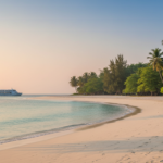 Wide view of a pristine white sand beach lined with tropical trees and clear turquoise ocean water in the Andamans.