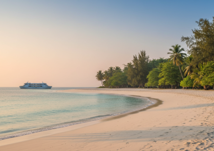 Wide view of a pristine white sand beach lined with tropical trees and clear turquoise ocean water in the Andamans.