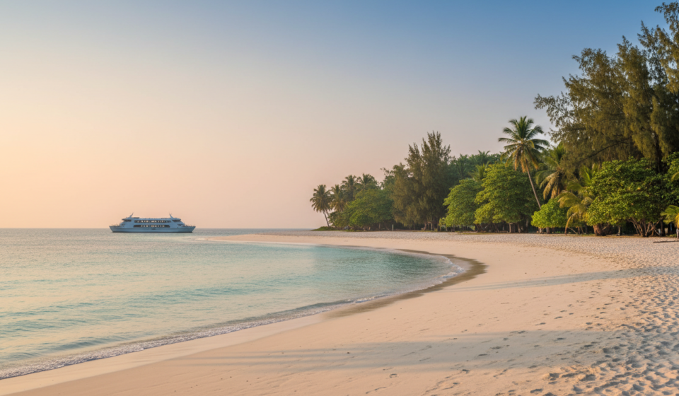 Wide view of a pristine white sand beach lined with tropical trees and clear turquoise ocean water in the Andamans.