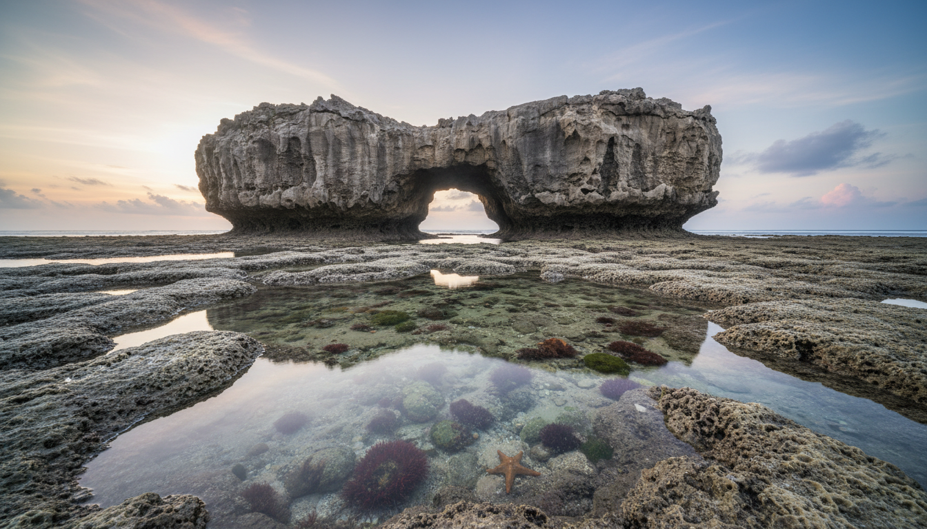 Natural limestone rock arch on an exposed coral bed with shallow tide pools on Neil Island.