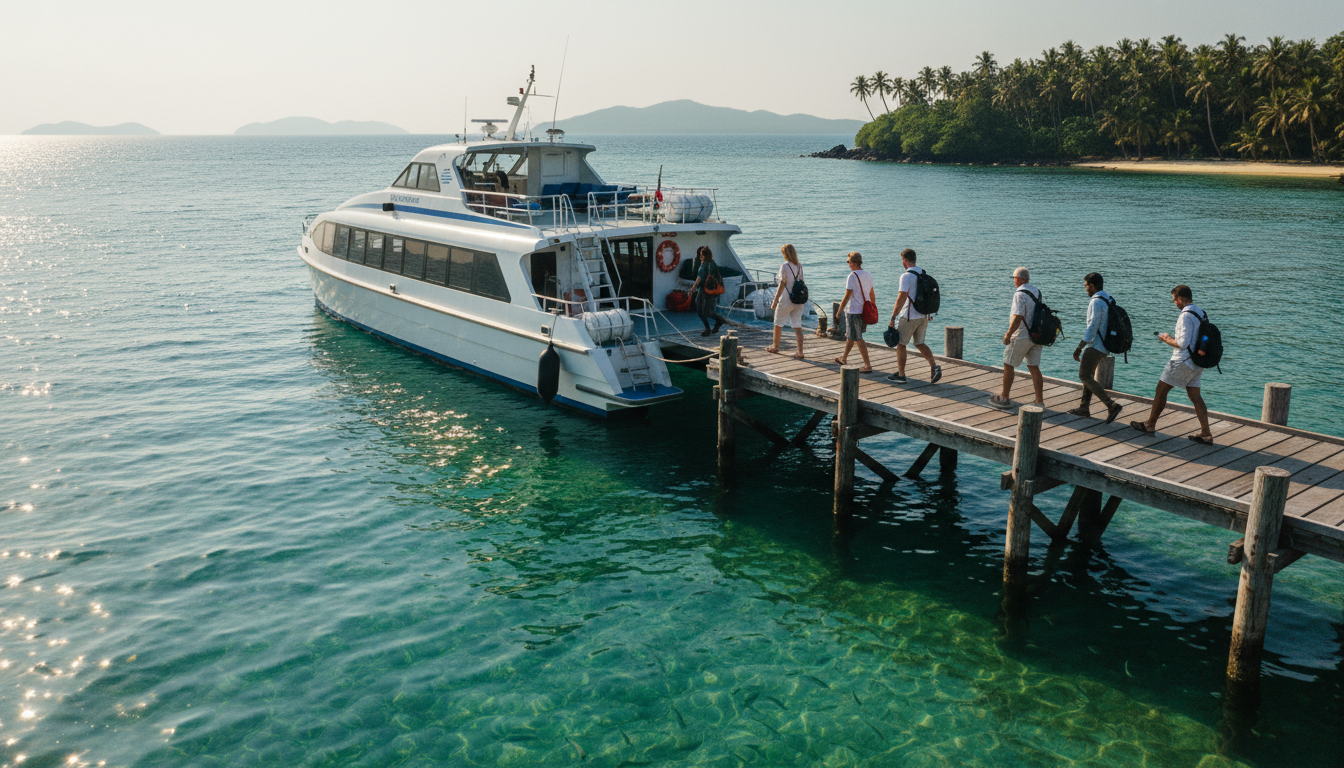 Passengers walking along a wooden dock toward a modern white ferry boat moored in clear turquoise water.