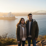 An Indian couple smiling at a Sydney Harbour lookout with the Opera House and Harbour Bridge in the background.