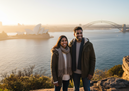 An Indian couple smiling at a Sydney Harbour lookout with the Opera House and Harbour Bridge in the background.