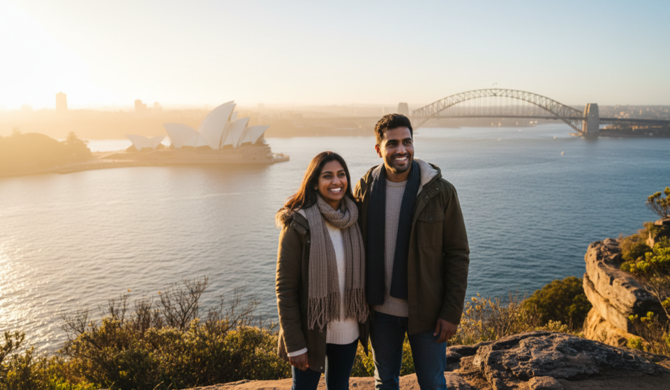 An Indian couple smiling at a Sydney Harbour lookout with the Opera House and Harbour Bridge in the background.