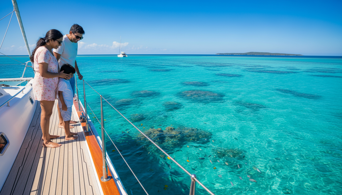 Indian family standing on a boat deck looking at clear turquoise ocean waters at the Great Barrier Reef.