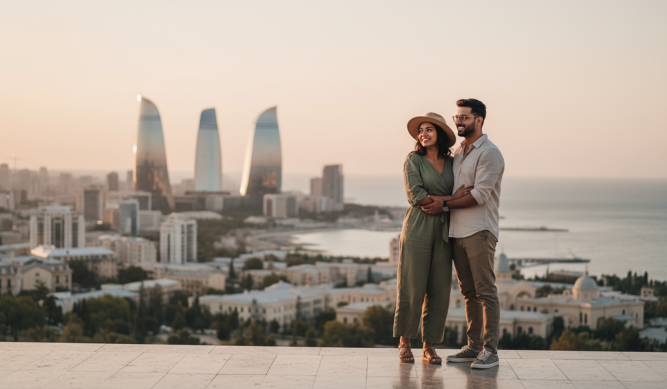 An Indian couple looking out at the futuristic Baku skyline and Caspian coastline during early evening golden hour.