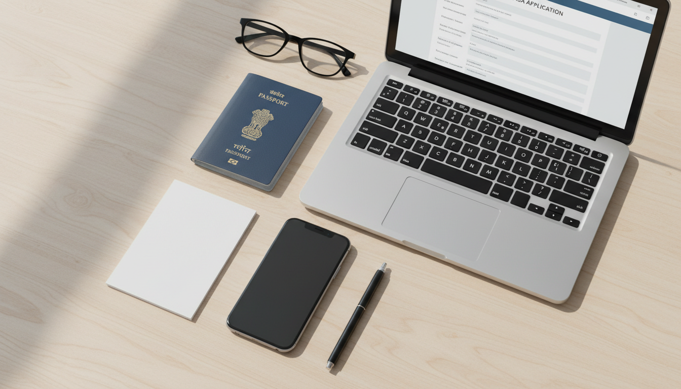 Flat-lay view of an Indian passport, white-background photo print, and laptop arranged neatly on a wooden desk.