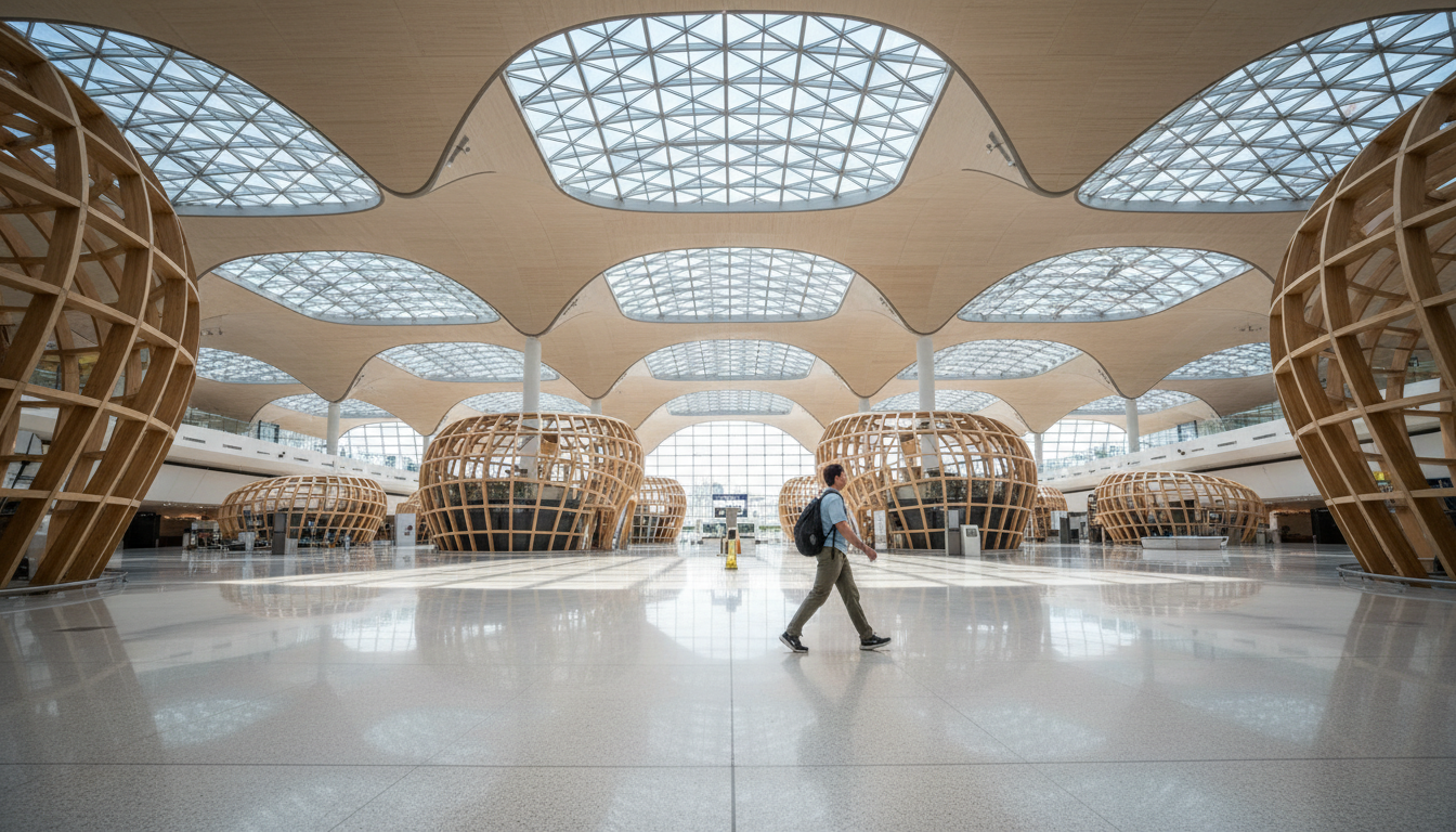 A traveler walking through the wooden cocoon structures inside the modern terminal of Baku International Airport.