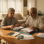 An Indian couple in their sixties sitting at a dining table organizing passports and papers in a folder.
