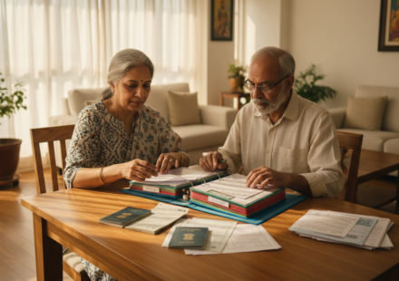 An Indian couple in their sixties sitting at a dining table organizing passports and papers in a folder.