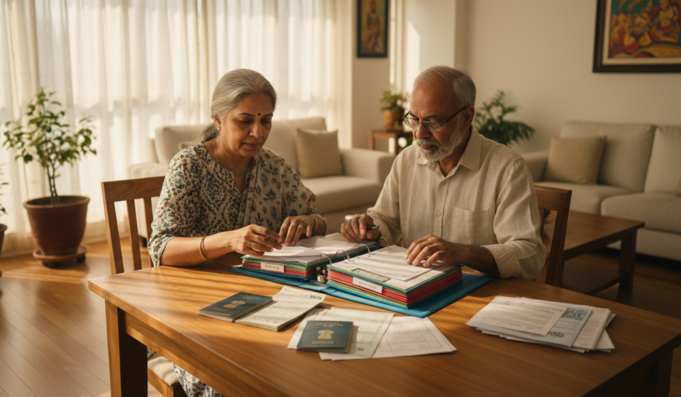 An Indian couple in their sixties sitting at a dining table organizing passports and papers in a folder.