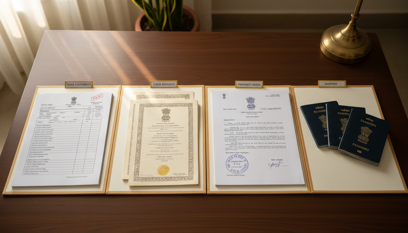 Four neatly arranged document folders with papers and Indian passport covers laid out on a wooden table.