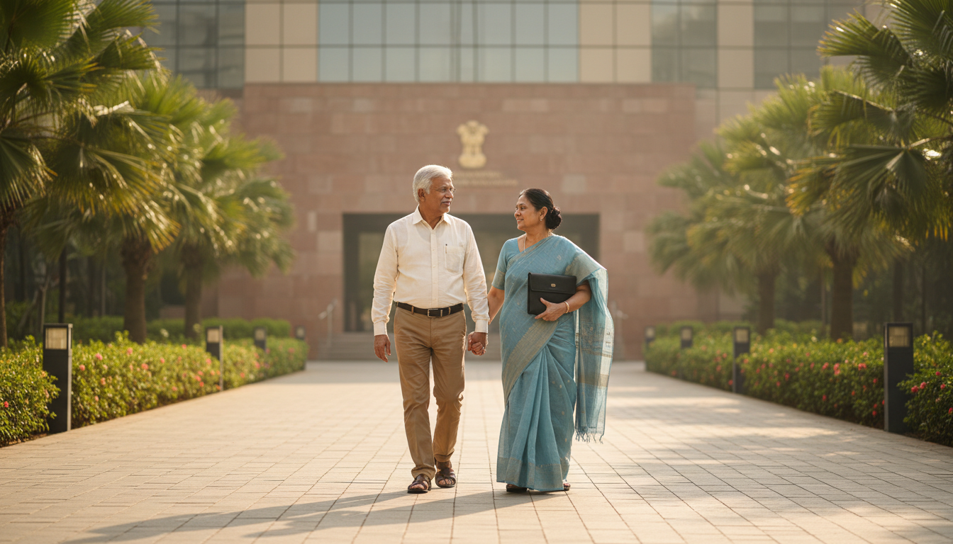 An elderly Indian couple walking together along a tree-lined walkway carrying a document case.