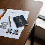 Organized visa document folder showing an Indian passport, appointment papers, and photos on a desk.