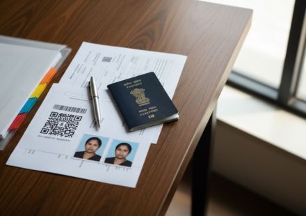 Organized visa document folder showing an Indian passport, appointment papers, and photos on a desk.