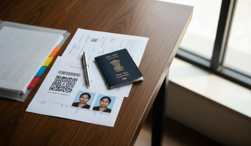 US B1/B2 Visa Interview Documents Checklist for Indian Applicants Organized visa document folder showing an Indian passport, appointment papers, and photos on a desk.