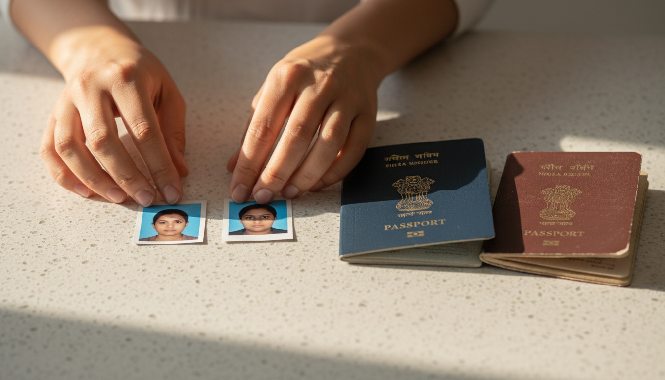 US B1/B2 Visa Interview Documents Checklist for Indian Applicants 1 A person examining 2 by 2 inch printed passport photographs alongside an Indian passport and printed forms.