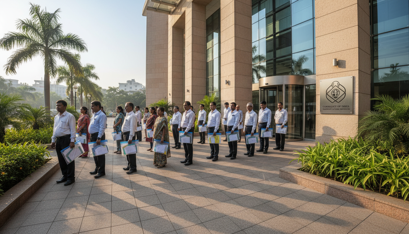 US B1/B2 Visa Interview Documents Checklist for Indian Applicants 2 Applicants queuing outside a US Consulate holding clear plastic document folders under morning sunlight.