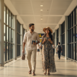 An Indian couple walks through the bright arrival corridor at Denpasar Airport in Bali holding a passport and phone.