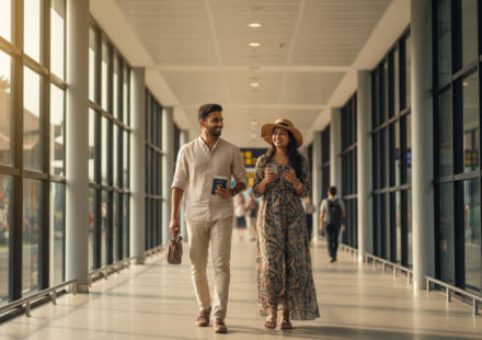 An Indian couple walks through the bright arrival corridor at Denpasar Airport in Bali holding a passport and phone.