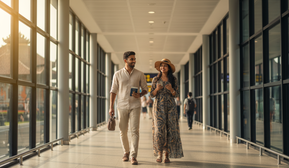An Indian couple walks through the bright arrival corridor at Denpasar Airport in Bali holding a passport and phone.
