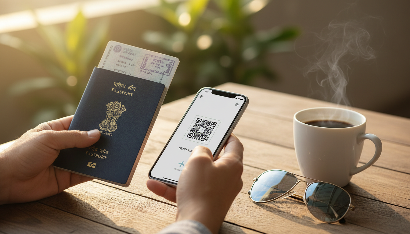 Close-up of a traveler's hands holding an open Indian passport and a smartphone showing a digital QR code.