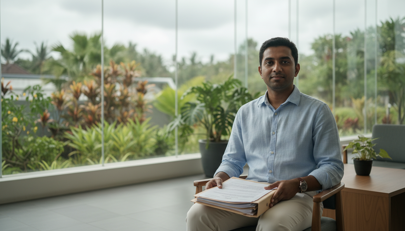 An Indian traveler sits in a sunlit waiting lounge at the Bali immigration office holding travel documents.