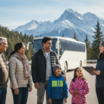An Indian family chatting with a tour manager beside a luxury tour bus in a scenic mountain setting.