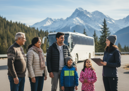An Indian family chatting with a tour manager beside a luxury tour bus in a scenic mountain setting.
