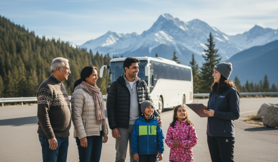 10 Best Group Tour Operators in India for Families & Groups An Indian family chatting with a tour manager beside a luxury tour bus in a scenic mountain setting.