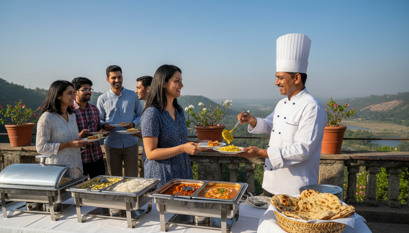 10 Best Group Tour Operators in India for Families & Groups 1 A chef serving fresh Indian vegetarian food from a buffet spread to travelers on an outdoor terrace.