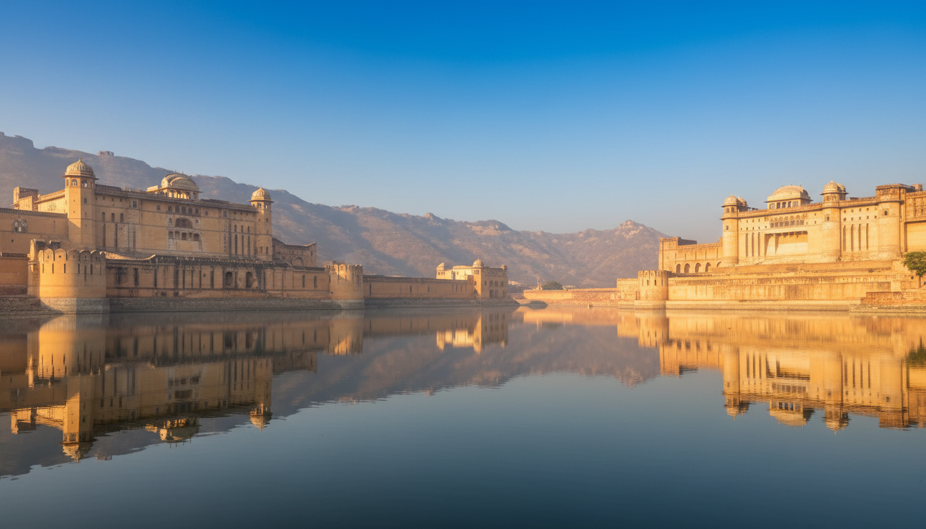 Best Time to Visit India and Maldives: Weather & Season Guide 2 Amber Fort's sandstone walls reflected in Maota Lake near Jaipur under a clear morning sky in winter.