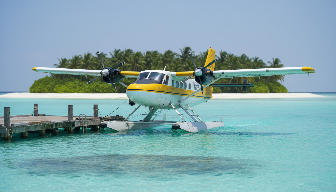 Best Time to Visit India and Maldives: Weather & Season Guide 1 A seaplane resting beside a wooden floating platform in clear turquoise resort waters in the Maldives.
