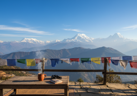 Sunlit mountain view of clear Himalayan peaks and colorful prayer flags under a bright autumn blue sky.