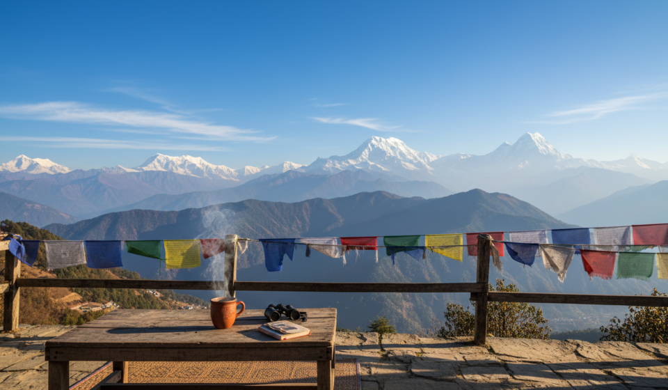 Sunlit mountain view of clear Himalayan peaks and colorful prayer flags under a bright autumn blue sky.