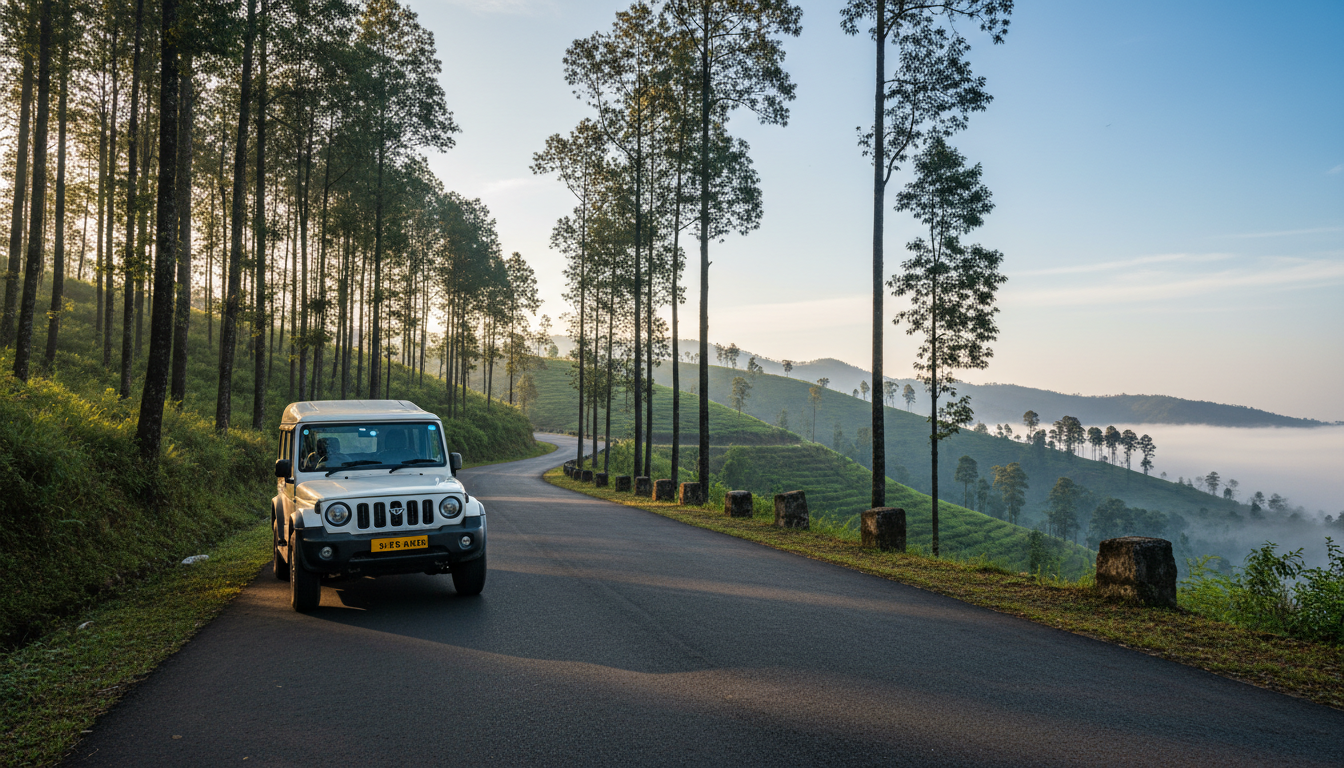 White SUV parked along a scenic, tree-lined mountain highway winding through lush green Himalayan foothills.