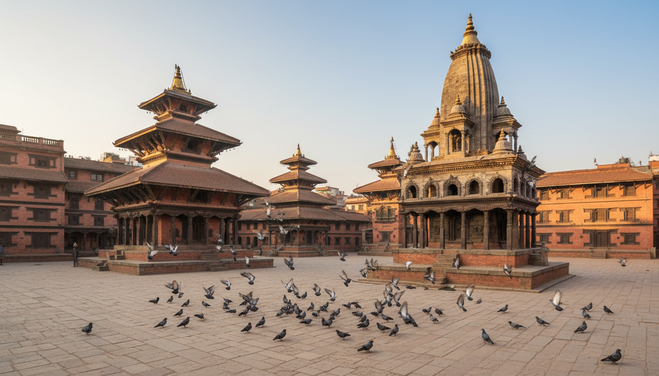 Ancient red-brick temples and detailed wooden architecture of Patan Durbar Square bathed in golden morning sun.