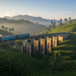 Blue train crossing the stone Nine Arches Bridge in Ella surrounded by green tea slopes.