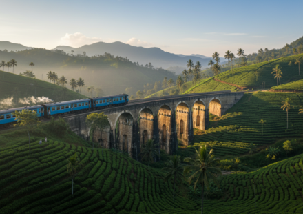 Blue train crossing the stone Nine Arches Bridge in Ella surrounded by green tea slopes.
