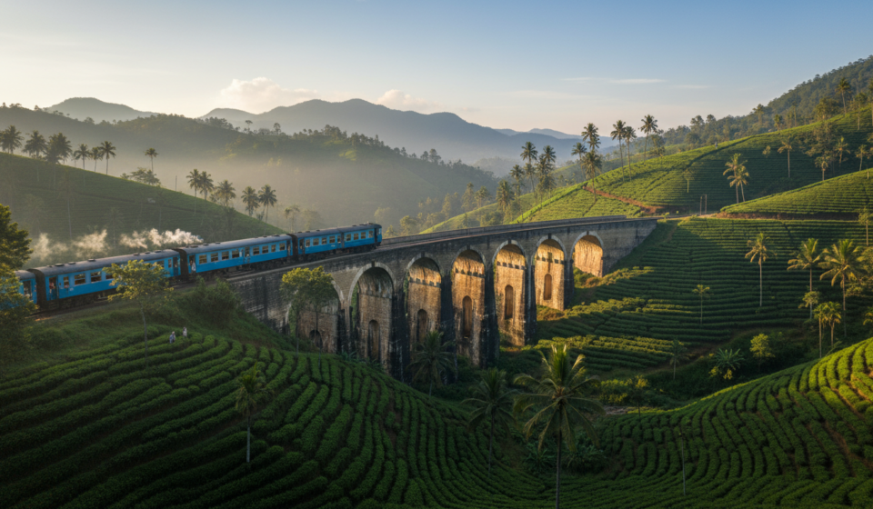 Blue train crossing the stone Nine Arches Bridge in Ella surrounded by green tea slopes.