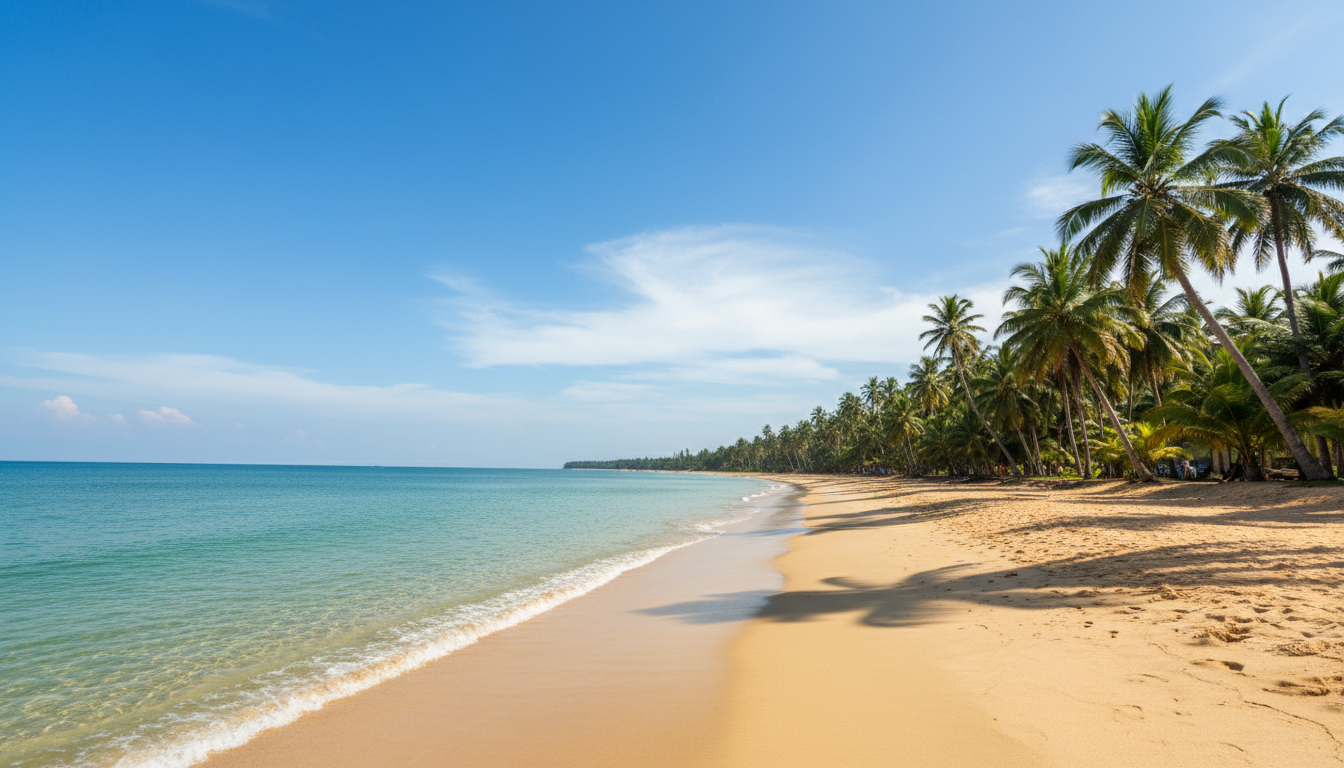Calm turquoise ocean water and palm trees on Nilaveli Beach under a sunny blue sky.