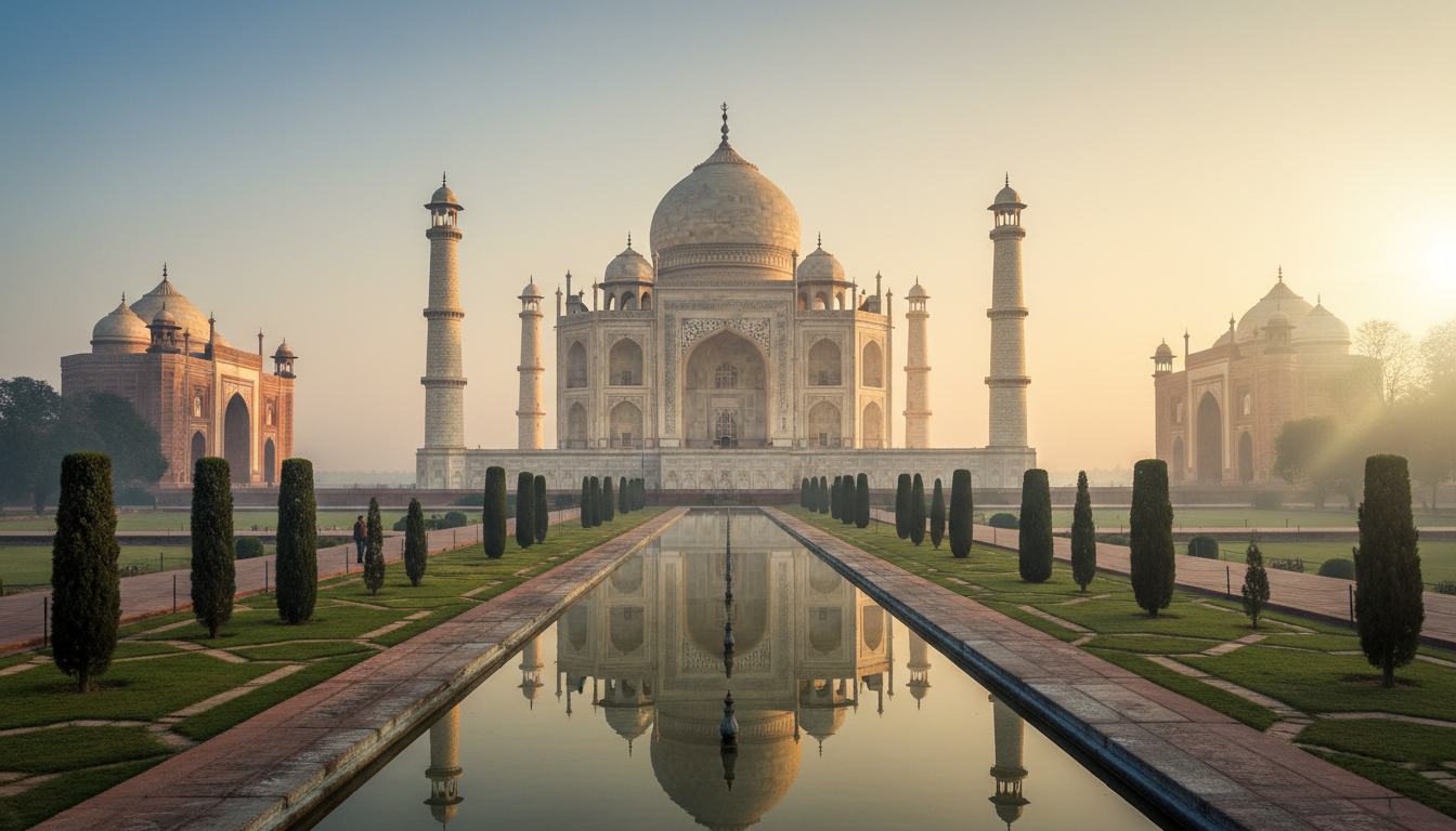 Taj Mahal in Agra illuminated by golden morning sun with soft winter mist and reflections in the pool.