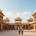 Sunlit sandstone courtyard and arched gateways of Amer Fort in Jaipur under a clear morning sky.