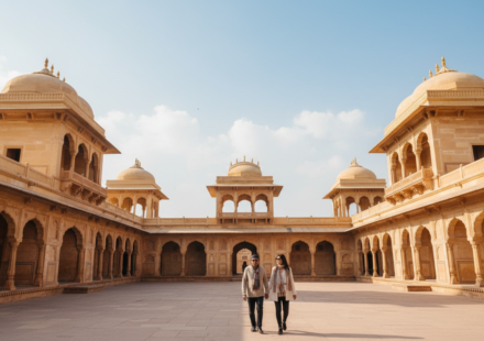 Sunlit sandstone courtyard and arched gateways of Amer Fort in Jaipur under a clear morning sky.