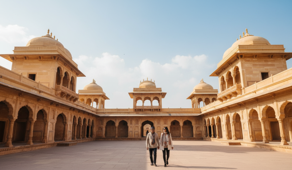 Best Time to Visit India’s Golden Triangle: Month-by-Month Guide Sunlit sandstone courtyard and arched gateways of Amer Fort in Jaipur under a clear morning sky.