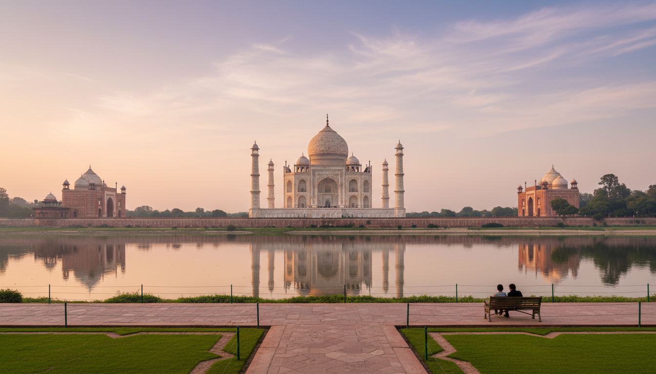 Best Time to Visit India's Golden Triangle: Month-by-Month Guide 1 Taj Mahal viewed from Mehtab Bagh across the Yamuna River during a clear late October afternoon.