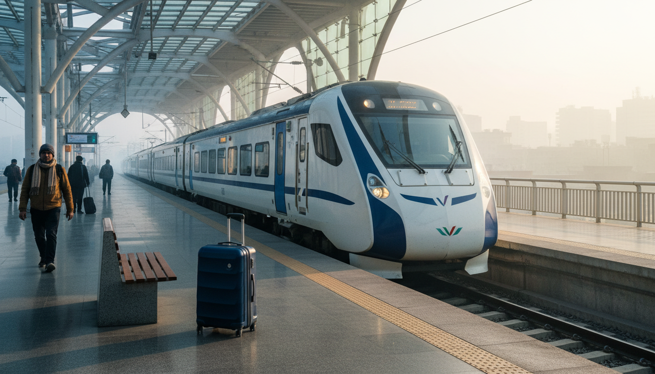 Best Time to Visit India's Golden Triangle: Month-by-Month Guide 2 A modern white and blue Vande Bharat Express train parked at a sunny train platform on a cool morning.