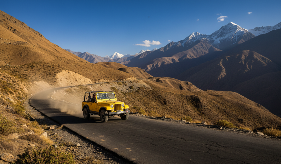 A yellow 4x4 vehicle driving along a winding asphalt mountain road in the high-altitude valley of Spiti.