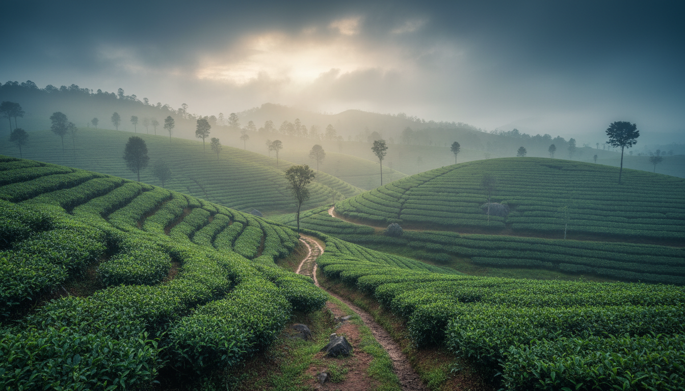 Mist rolls over rolling green tea plantation hills in Munnar under soft overcast monsoon lighting.
