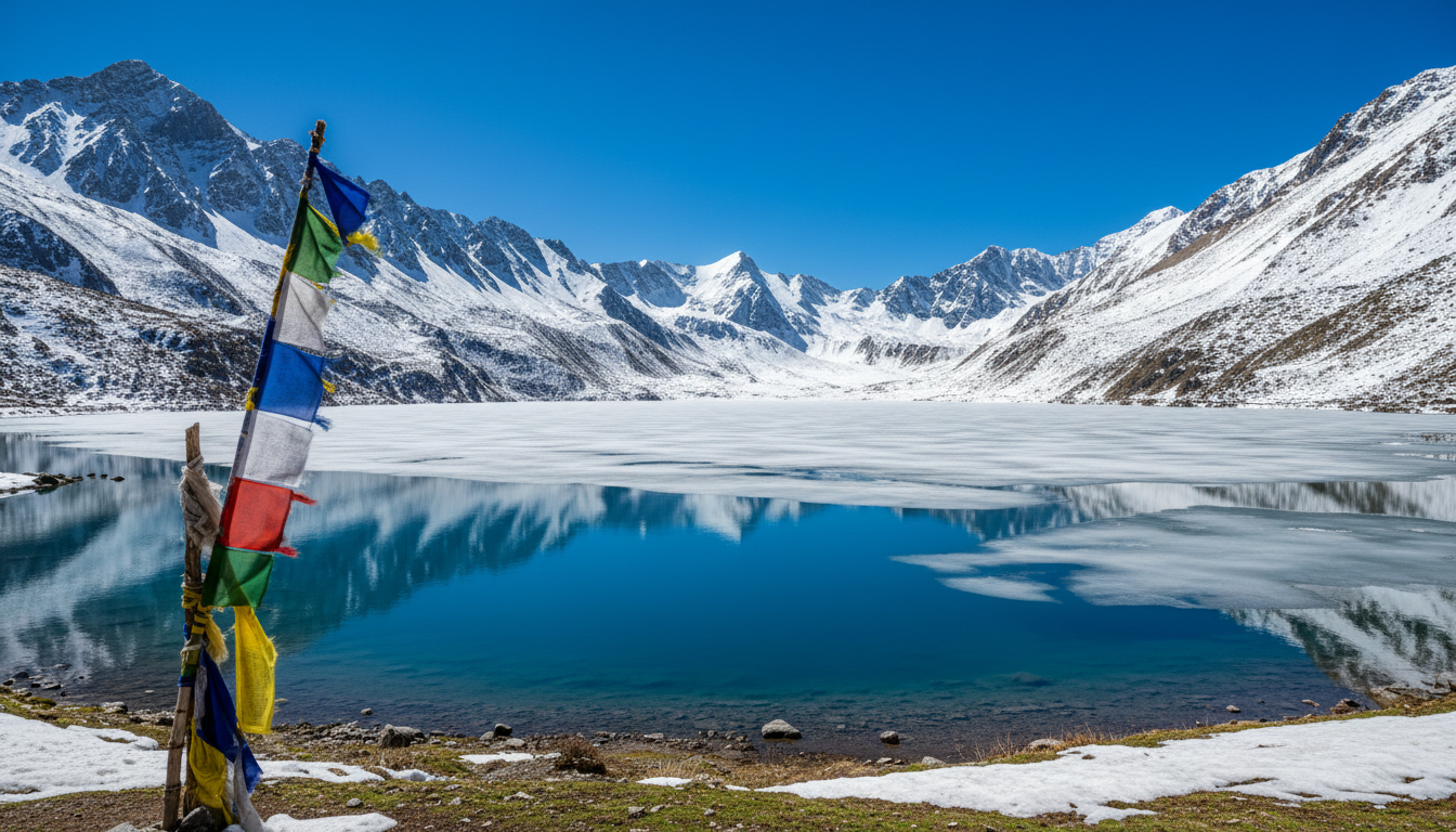 High-altitude frozen Tsomgo Lake in Sikkim surrounded by snow-dusted mountains and colorful prayer flags.